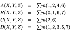 \begin{eqnarray*}
A(X,Y,Z) & = & {\textstyle \sum} m(1,2,4,6) \\
B(X,Y,Z) & =...
...\sum} m(2,6) \\
D(X,Y,Z) & = & {\textstyle \sum} m(1,2,3,5,7)
\end{eqnarray*}